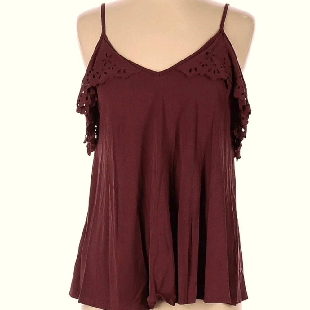 Alya Womans Lasercut Cold‎ Shoulder Burgundy Tank Shirt Size Small